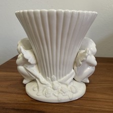 VTG Two Winged Cherubs, Fluted Trumpet-Shaped Vase Glzd Ceramic 1940-80s 7.5x8.5 picture