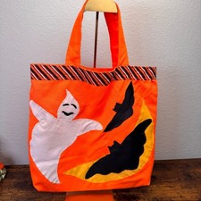 Handmade Halloween Trick or Treat Bag 1990s Ghost Bats Moon Orange Applique picture