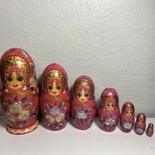 Vintage 7pc Hand Painted Russian Matryoshka Nesting Doll Set Signed Pink 1992 E1 picture