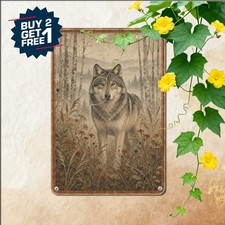 Wild Wolf Portrait Silhouette Misty Pine Forest Plaque Retro Metal Tin Sign picture
