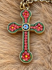 Vintage Italian Micromosaic Cross Necklace Floral Glass Gold Tone Pendant picture