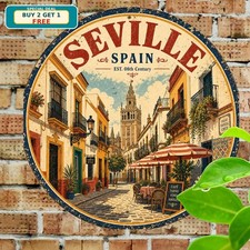 Seville Spain Street Scene Round Tin Sign Colorful European Wall Decor picture