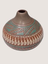 Signed Navajo Art Pottery Vase Frank 97 Turquoise Etched Southwest Vessel ~2.25