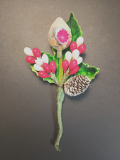 Vintage Boutonniere Indent Glass Ornament Holly Berry Pine Cone Corsage picture