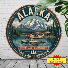 Alaska Wildlife Map Outline Round Tin Sign Souvenir Travel Metal Plaque 8x8 picture