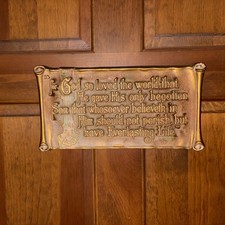1928 A.E. Mitchell Art Co. John 3:16 Cast Metal Plaque Sign Christian 13.5