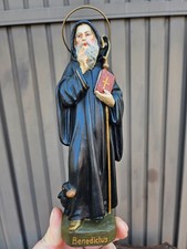 Antique Chalkware  statue Saint Benedict religious art signed picture
