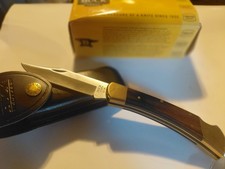 Buck 110 Folding Pocketknife Wood Handle Gold Lockback w/ Sheath & Box picture