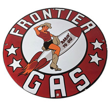 Vintage Frontier Gasoline Sign - Pinup Cowgirl Sign Gas Oil Pump Porcelain Sign picture
