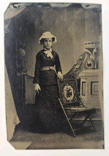 Antique Tintype Photo Pretty Young Victorian Girl Hat Unique Dress Fashion Chair picture
