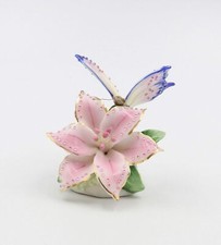 Fine Porcelain Faux Jewel Butterfly with Pink Stargazer Lily Flower Figurine,... picture
