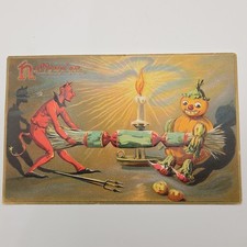 Vtg Antique Tuck's Halloween Postcard Embossed Devil Scarecrow Anthropomorphic picture