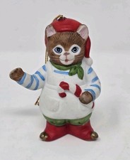Vintage Schmid Kitty Cucumber Christmas With Candy Cane Ornament 1988 picture