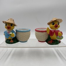 Vtg Hand Painted Ceramic Chick/Duck Planters With Straw Hats Adorable picture
