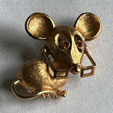 Vintage AVIN Gold Tone Mouse Brooch Pin with Glasses, Orange Eyes picture