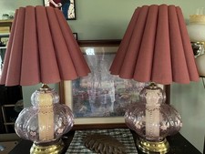 Vintage Pair of Carl Falkenstein Pink Glass Gourd Lamps with Floral Accented wit picture