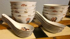 Vtg Taiwan Porcelain Rice Bowls Spoons 19pc Lucky Boys Gold Trim RARE picture