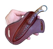 Leather Engraved Pancake Fixed Blade Knife Belt Sheath Folding Tool Case Cover picture