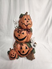 Vtg. Halloween Stacked Pumpkins Ghost Resin 2004 Rare 14inch Jack O Lantern  picture
