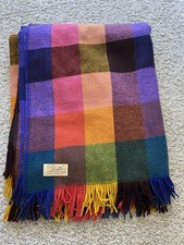 Vtg Faribo Loomed 100% Wool Throw Blanket Purple Red Blue Yellow Plaid Fringe picture