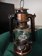 LED Battery Operated Copper Storm Lantern-On/Off Button in Faux Kerosene Button picture