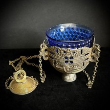 Pre-1900s ANTIQUE ORTHODOX BRASS HANGING LAMPADA (CHURCH LAMP) Blue Glass Insert picture