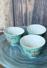 Vintage Set Of 4 Chinese Jingdezhen Famille Rose Turquoise Hand Painted Tea Cups picture