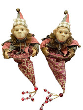 Pair Harlequin Jester Clown Monkey Head & Hands Holiday Christmas Ornaments picture