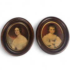 Pair Of Antique Mother And Child Oval Portraits Wooden Frame 19th Century picture