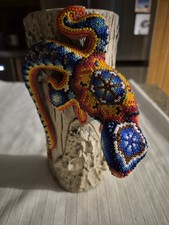 Huichol Iguana On Ceramic Log. Hand Beaded Mexican Folk Art. Signed.  picture