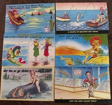 Lot of 6 ~Fishing~Fish~Comic ~Funny ~Linen Vintage Postcards~ Unused~p608 picture