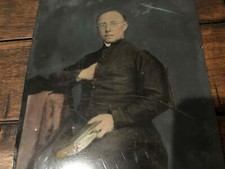 Rare Full Plate Painted Tintype of Priest Antique 1800s Photo Folk Art Painting picture
