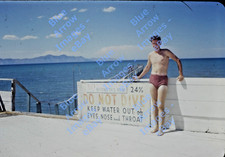 1950s Red Border 35mm Slide Man Swimming Trunks Great Salt Lake Utah #14248 picture