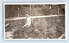 Old Vintage Photo SOLO MAN CONSTRUCTION WORKER WITH SHOVEL BY ROCK PILE SNAPSHOT picture