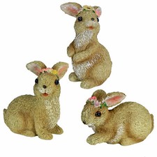 Set/3 Brown Sweet Easter Bunny Figurine Flower Crown Classic Vntg Decor Transpac picture
