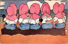 Artwork Postcard Baby Children Wearing Bonnet Sitting on the Beach picture