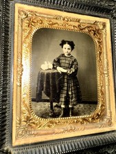 Great 1/6 1860s Tintype in Wall Frame Little Girl with Rare Toy Rabbit Photo picture