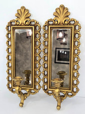 Vintage 1972 HomCo Dark Mirrored Candle Wall Sconces (2) Hollywood Regency Gold picture