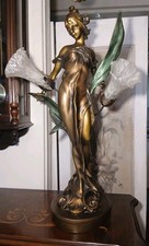 Art Nouveau-style bronze figural table lamp, Woman With flowinggown After ROHCE picture