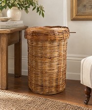 Vintage Woven Wicker Basket Hamper & Lid Coastal Rustic Farmhouse Decor Storage picture
