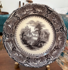 FLOW BLACK VINCENNES 1800'S MULBERRY PLATE ANTIQUE TRANSFERWARE ENGLISH CHINA picture