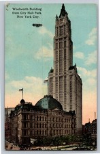 Woolworth Building NYC Postcard 1919 City Hall Park Biplane Skyscraper picture