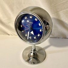Vintage Linden Alarm Clock Japan Space Age Pedestal Chrome Orb Blue Face *Read picture
