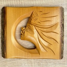 Vintage Japanese Wood Carving Wall Plaque Ainu Style Profile Live Edge Slab picture
