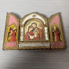 Vtg Italian Florentine Triptych Gold Wood Panel Holy Trinity Jesus Christ 1800s picture