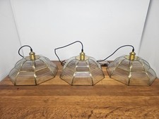 Vintage Pendant Lamp Set of 3 Swag Hanging Lamps Brass & Beveled Glass 16 Pane picture