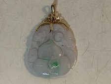 Vintage Chinese Lavender Jadeite Jade Gourd Bat Pendant Carving 14K Yellow Gold picture