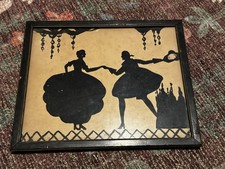 Antique Victorian Couple Silhouette Art Framed Wall Hanging Courting Dancing Vtg picture