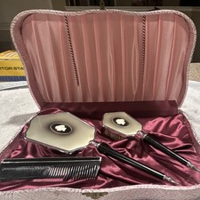 Vintage Vanity Grooming Set Case w/ Mirror Brush Comb, Cameo Inlay, Pink Lined picture