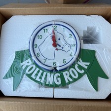 Vintage NOS Rolling Rock Neon Bar Clock Sign Latrobe Brewing Co Bar Mancave picture